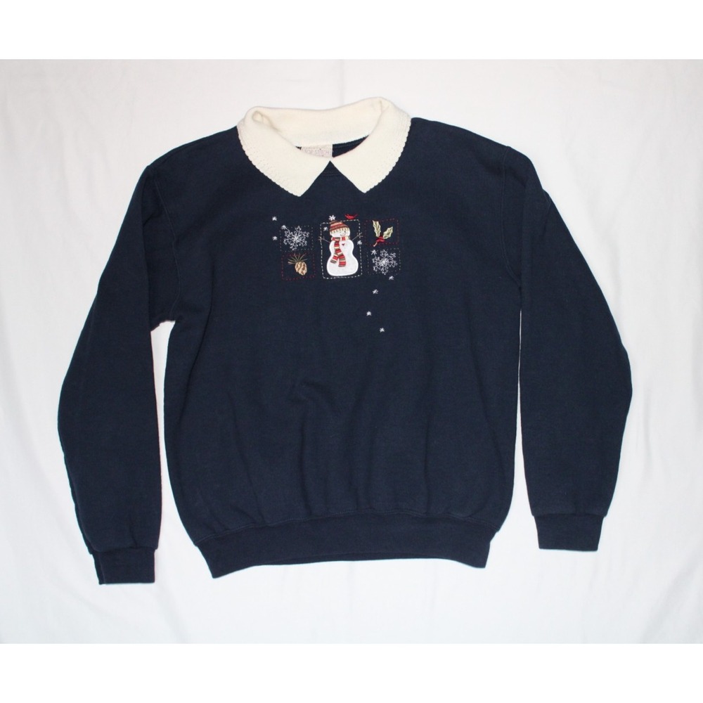 VTG Morning Sun Top Stitch Snowman Winter Navy Blue Collared Sweatshirt - Med